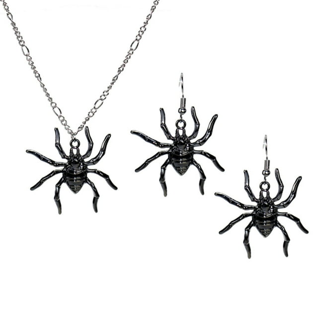 3PCS Halloween Spider Shape Colgante, collar y aretes Set Cartoon Masquerade Costume Party Cosplay Accesorios de joyería (Plata, Negro)