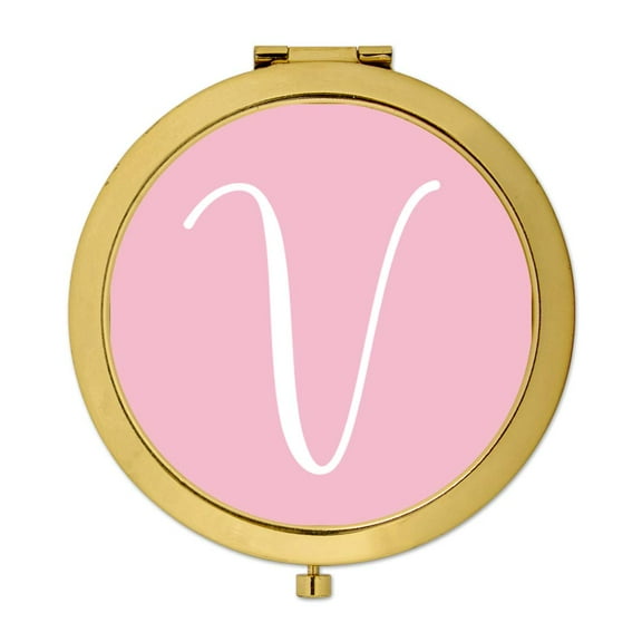 Koyal Wholesale Gold Compact Mirror Bridesmaid's Wedding Gift, Blush Pink, Monogram Letter V, 1-Pack