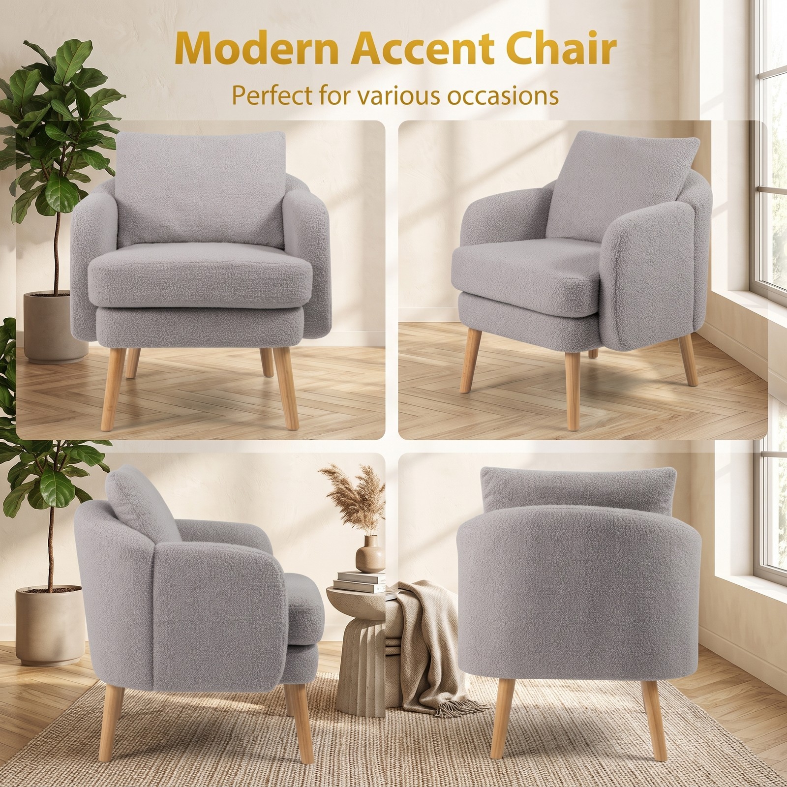 Furnibear Sherpa Accent Chair, Modern Upholstered Living Room Armchair with Seat Cushion and Lumbar Pillow, Solid Rubber Wood Legs, Cozy Single Sofa Chair for, Grey