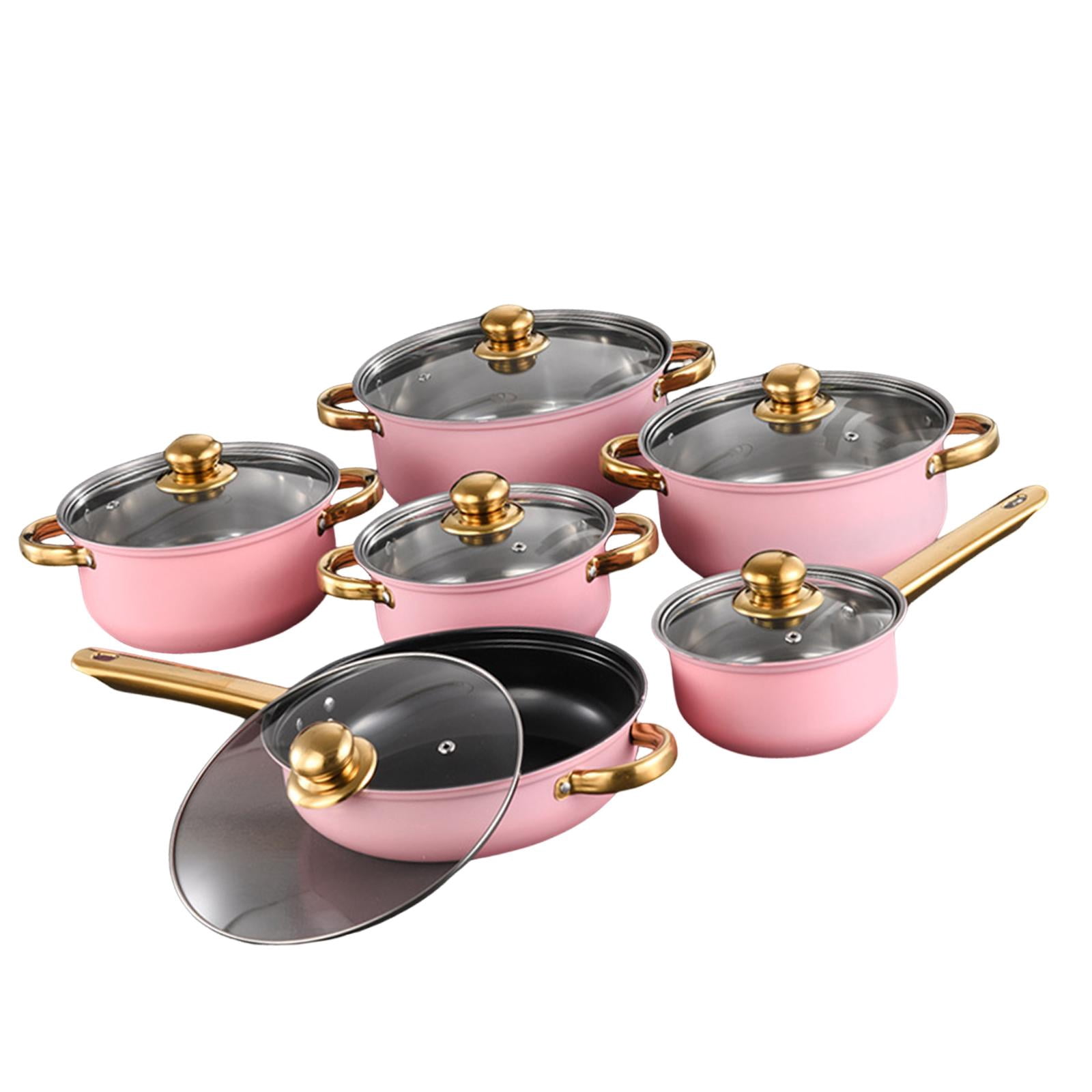 Nishiyuenyi 6 Pieces Stainless Steel Cookware Set Nonstick Pots and Pans Set for Kitchen Pink