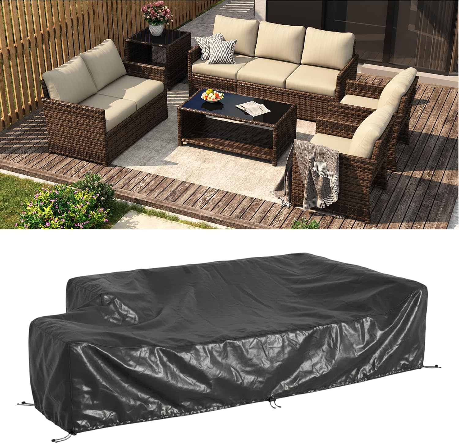 AECOJOY 7 Pieces Patio Furniture with Two Storage Boxes, Outdoor Rattan Conversation Set with Cover，All-Weather PE Wicker Sectional Sofa for Garden, Backyard, Deck, Brown & Beige