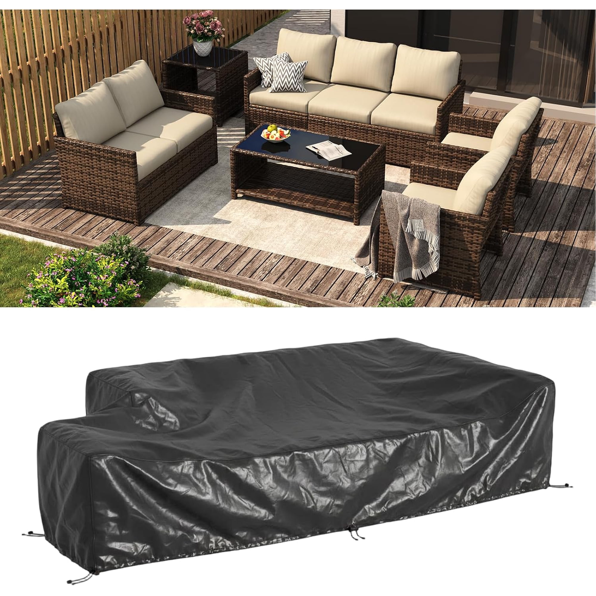 AECOJOY 7 Pieces Patio Furniture with Two Storage Boxes, Outdoor Rattan Conversation Set with Cover，All-Weather PE Wicker Sectional Sofa for Garden, Backyard, Deck, Brown & Beige
