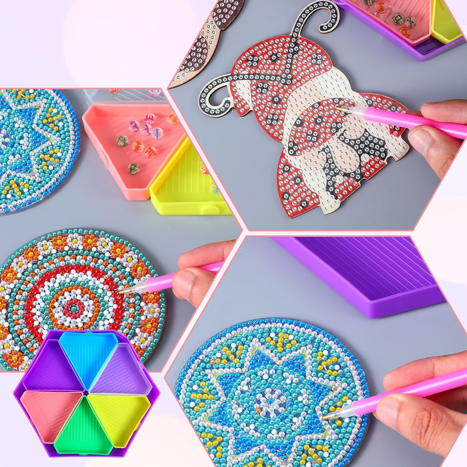 9Pcs Diamond Art Painting Trays Kit V-Shaped Corner Opening Diamond Art Trays Kits Organizer Triangles for Kids Adults DIY Diamonds Crafts with Brush and Spoon