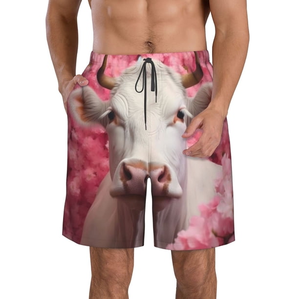 Balery Flower White Cow Traje de Baño Estilo Hawaiano para Hombre, Shorts de Secado Rápido con Bolsillos-Large