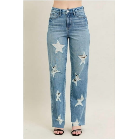 Judy Blue American High Waist Rigid Magic Star Destroy Straight Jeans (31)