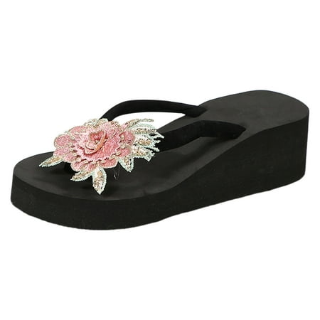

Womens Sandals Ladies Rhinestone Flowers Bohemian Wind Outside Wear Beach Thick Bottom Large Size Slope with Sandals Slippers Orthopedic Sandals for Women(Color:Pink Size:US 8.5)