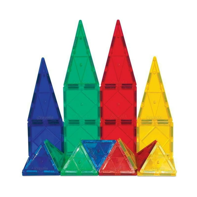 CreateOn Crayola® Bold Colors 40 Piece Magnetic Tile Set with translucent blue, green, red, and yellow magnetic tiles arranged into tall triangular towers and smaller triangles on a white background, suitable for enhancing fine motor skills, spatial reasoning, and creative STEAM learning.