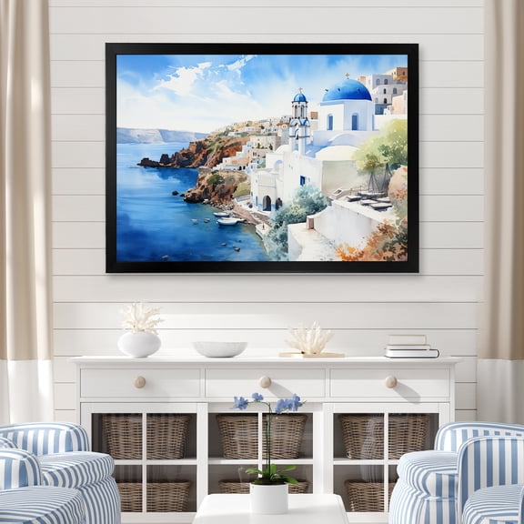 Designart "Coastal View of Santorini, Greece I" Landscapes Framed Wall Art Decor - Country White Greece Entryway Framed Wall Art Print