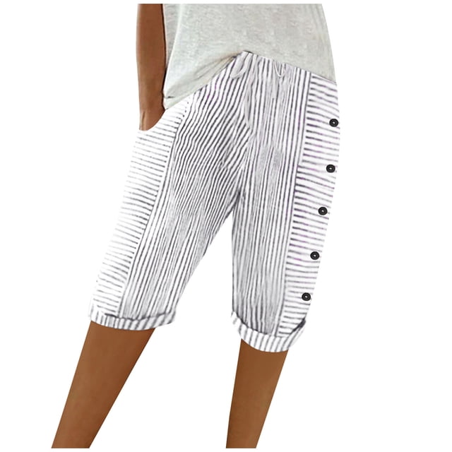 Womens Summer Woven Striped Patchwork Button Loose Cotton Linen Casual Capris