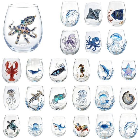 CuiLiyq 2D Printed Sea Creatures Stemless Wine Glass, Coastal Beach Themed Drinking Tumbler, Nautical Decor Glassware for Water, Wine, Cocktails, Unique Housewarming Gift for Sea Lovers