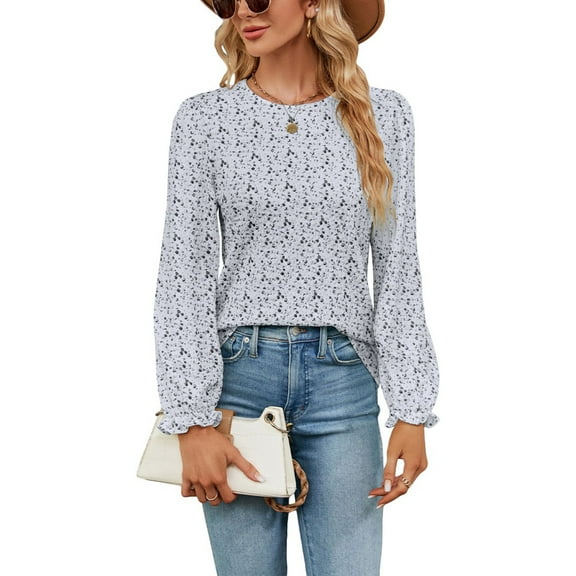 SWSMCLT Women's Puff Sleeve Blouse Elegant Bishop Sleeve Ruffle Shirt Soft Floral Printed Peasant Long Sleeve Black Large