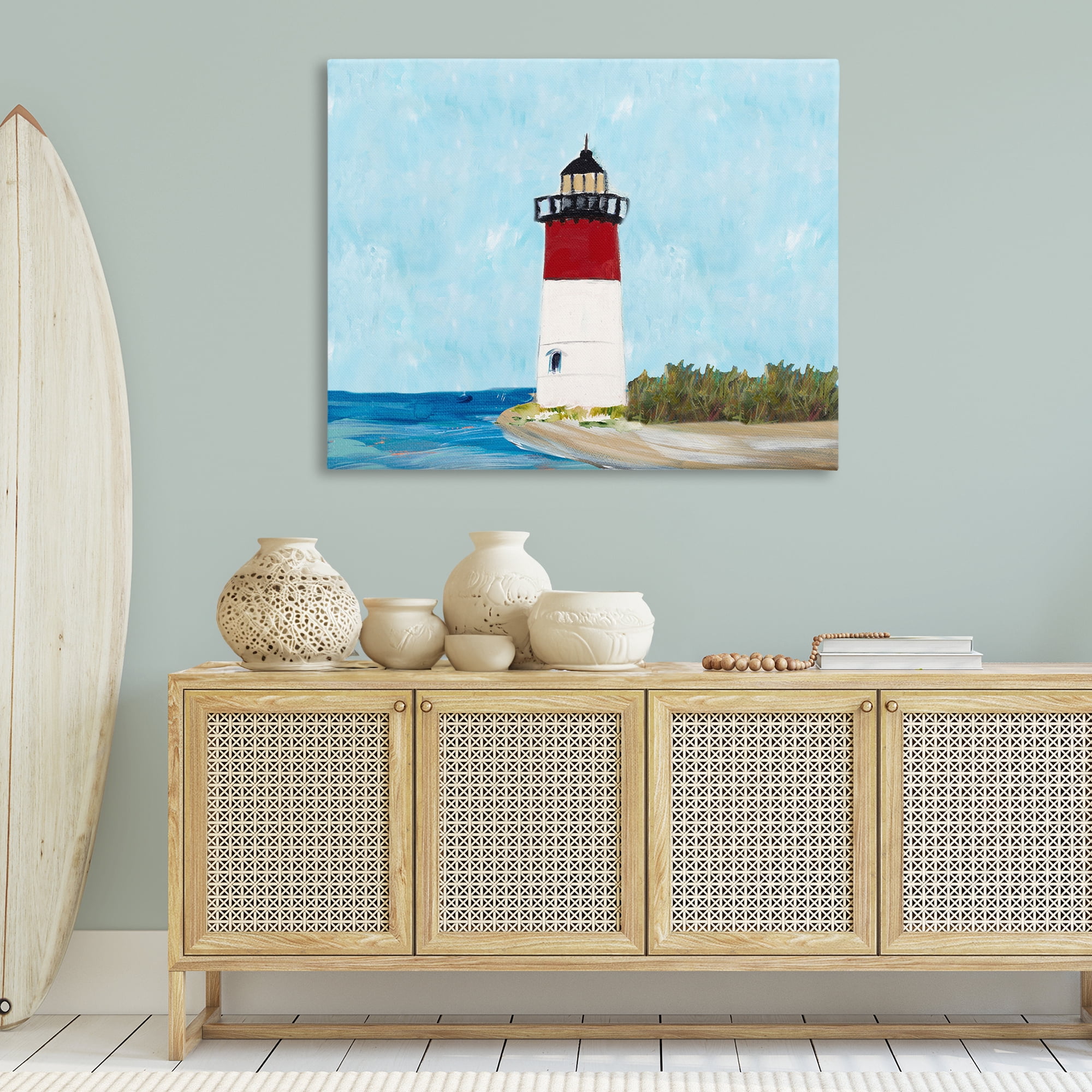 Stupell Industries Coastal Lighthouse on Blue Coastal Painting Gallery Wrapped Canvas Art Print Wall Art, 48 x 36