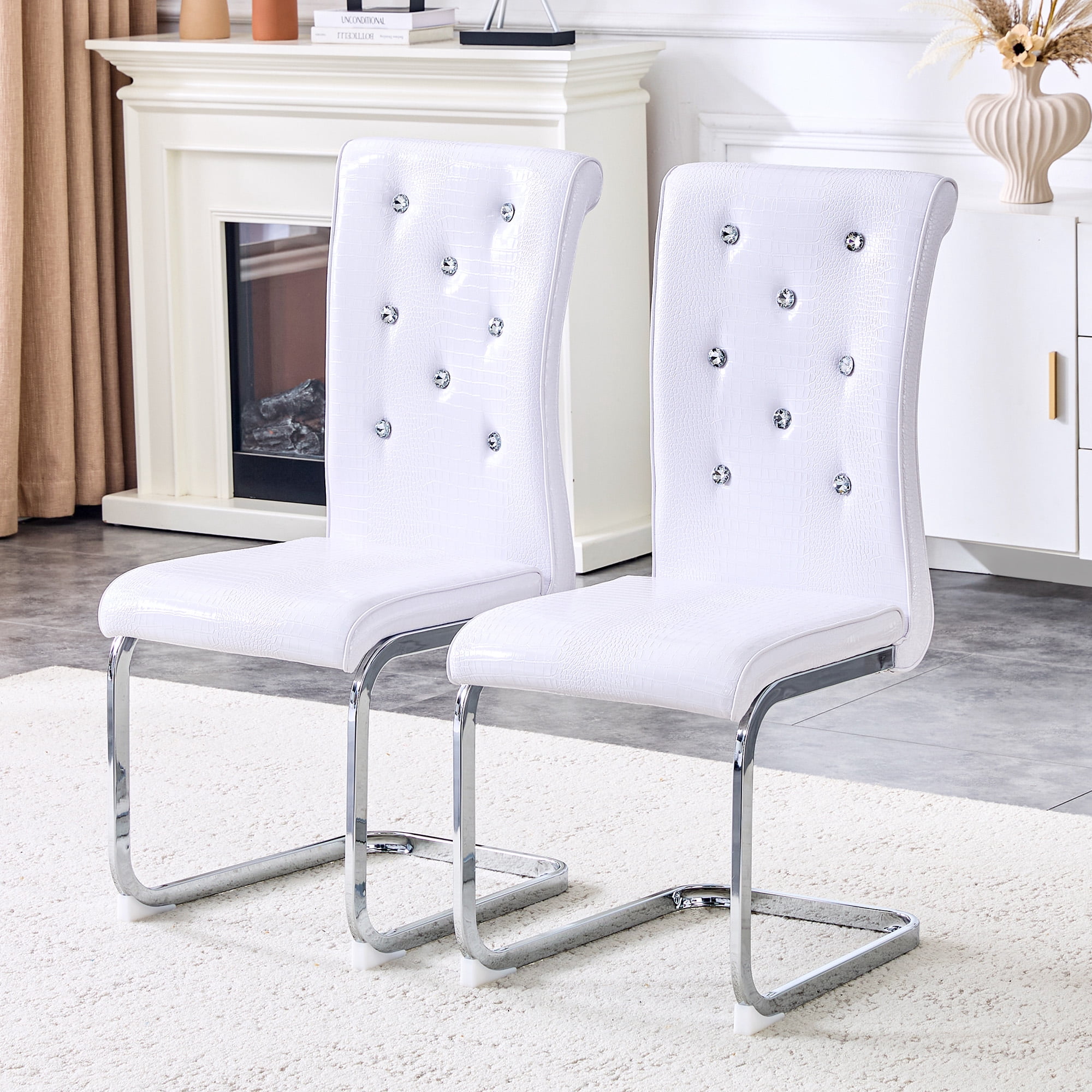 Alvantor Dining Chairs Set of 2, Retro Leather Chairs with Crystal Buckle , Upholstered Accent Chairs for Dining Room & Kitchen White