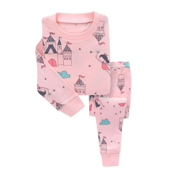 Mercatoo Girls Cotton Long Sleeve Paj𝐚mas Sets, Toddler Baby C𝐚stle Princess Pattern T-Shirts Tops Pants Casual 𝐏js