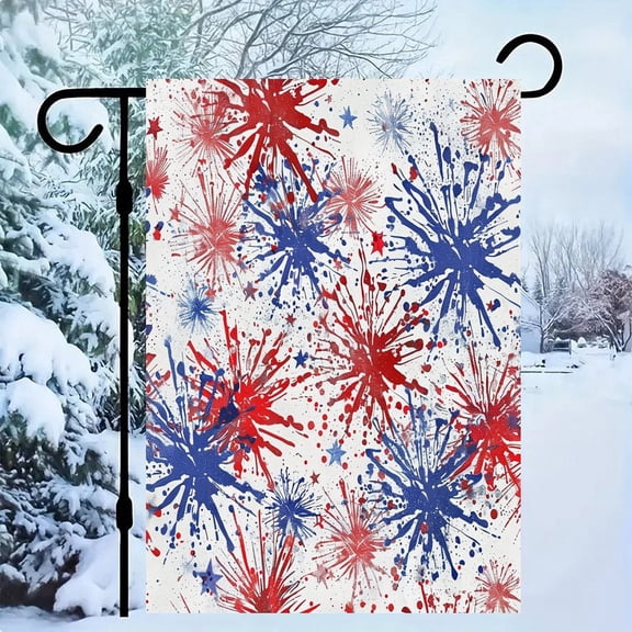 RKSupls Patriotic Linen Double Sided Garden Flag, Independence Day Themed Yard Decor, Abstract Fireworks Splatter Design Outdoor Banner for Holiday Lawn