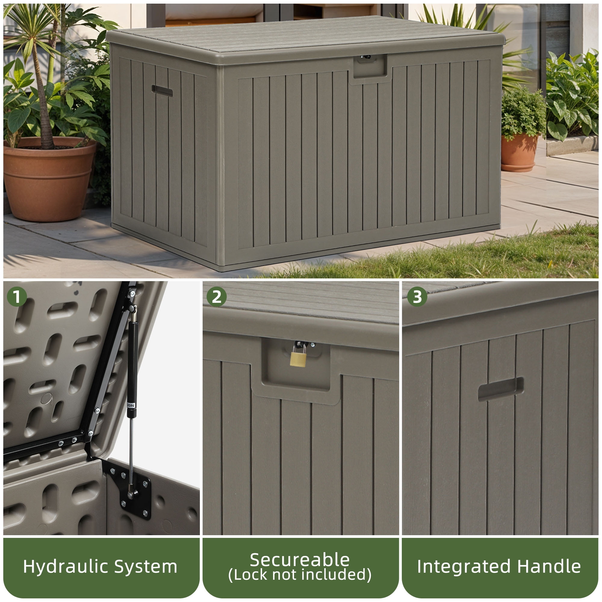 Uforic 180 Gallon Extra Large Outdoor Deck Box, Double-Wall Resin Storage Box with Flexible Divider, Lockable,‎Weatherproof,Light Brown