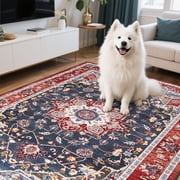 Softlife Navy Blue Persian Medallion Area Rug Low Pile Non Slip Oriental Carpet for Living Room, 5' x 8'