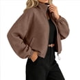 thumbnail image 2 of thefmos Women's Stand Collar Zip Up Long Sleeve Jacket with Pocket Drawstring Solid Color Casual Outerwear Trendy Spring Fall Outfit, Brown XL, 2 of 9