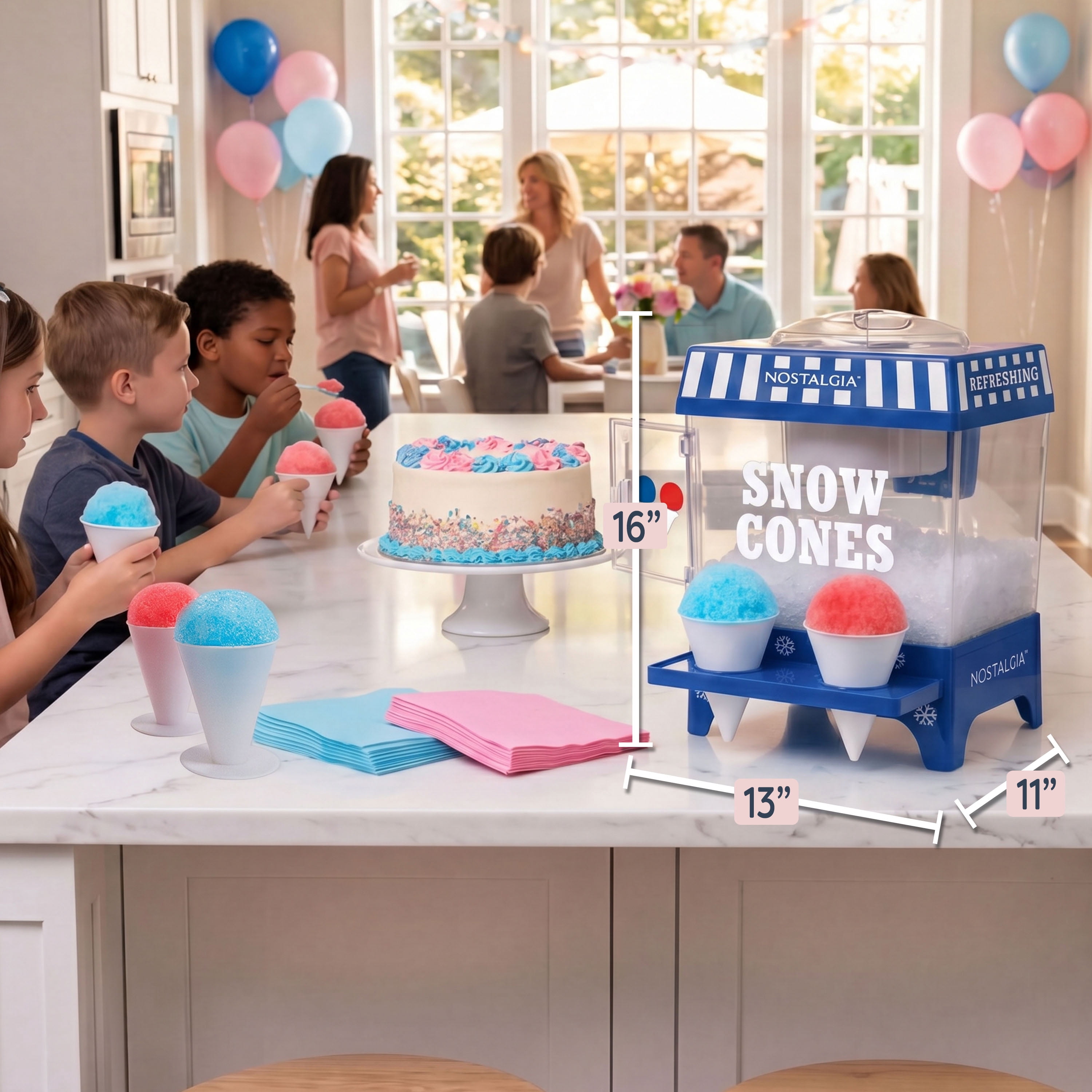 Nostalgia Snow Cone Maker, Tabletop Shaved Ice Machine with 2 Reusable Cones and Ice Scoop, Ice Blue