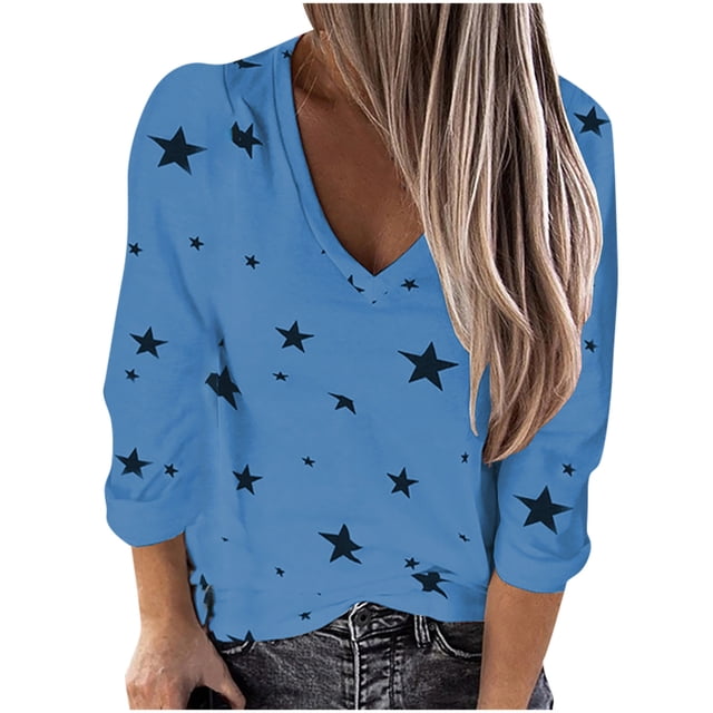 Pompotops Mode Décontractée pour Femmes Col en V Manches Longues Imprimé Étoile T-Shirt Blouse