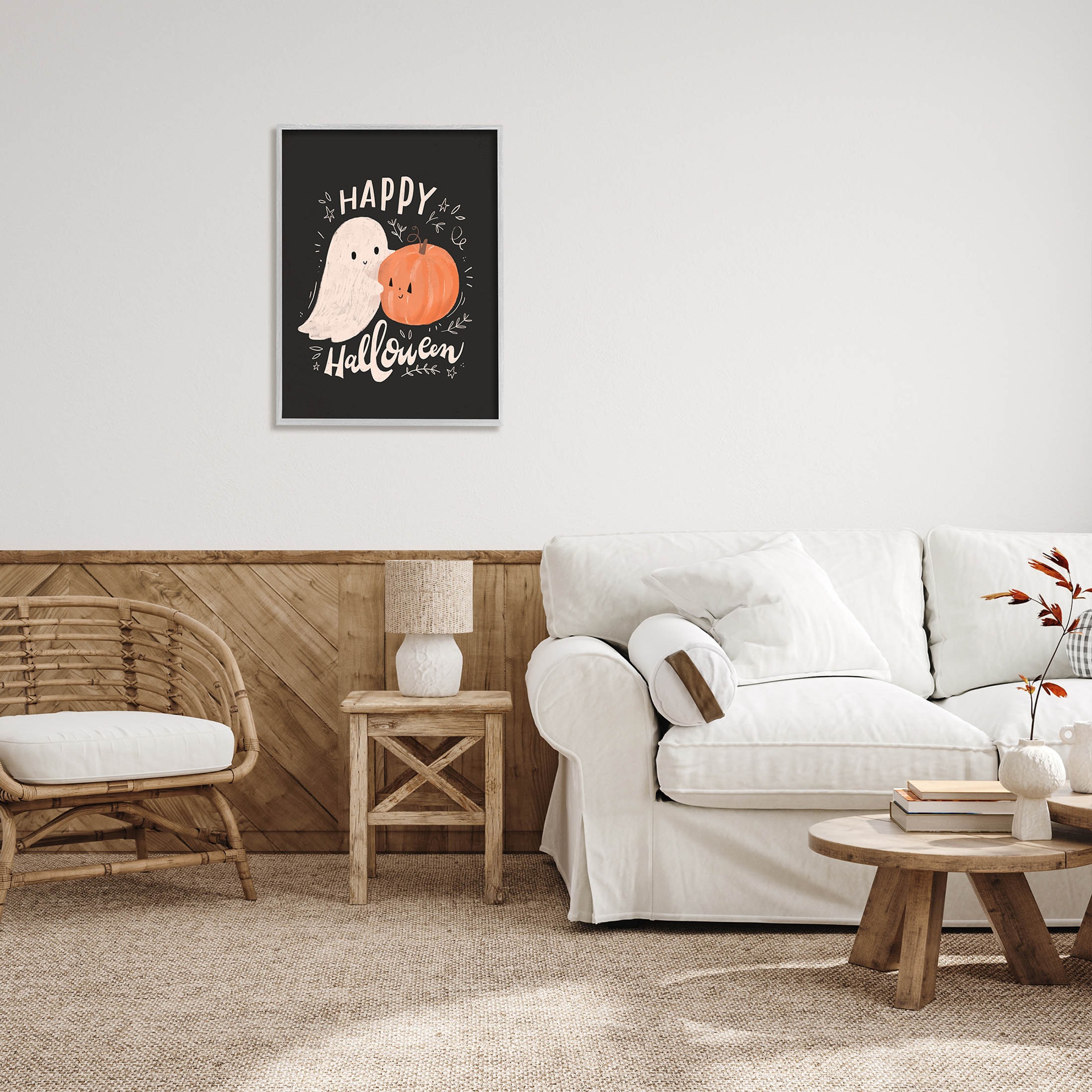 Happy Halloween Smiling Ghost Pumpkin Holiday Graphic Art Gray Framed Art Print Wall Art