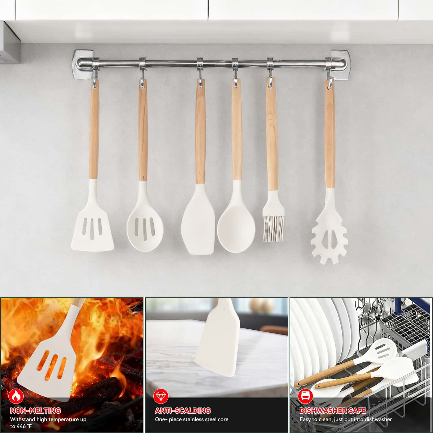 19PCS Kitchen Utensils Set for Cooking, 11 Cooking Utensils, 6 Knife set Beige,3 Utensil Sets,utensilios de cocina