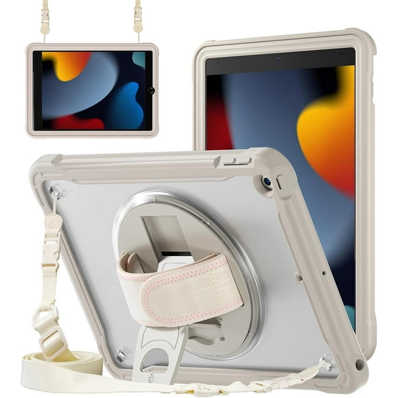 New Slim Hard Case for iPad 9th/8th/7th Generation 10.2'', Rugged Shockproof Drop-Proof Kids iPad 10.2 inch Case with Pencil Holder Kickstand Hand Strap and Shoulder Strap, Khaki