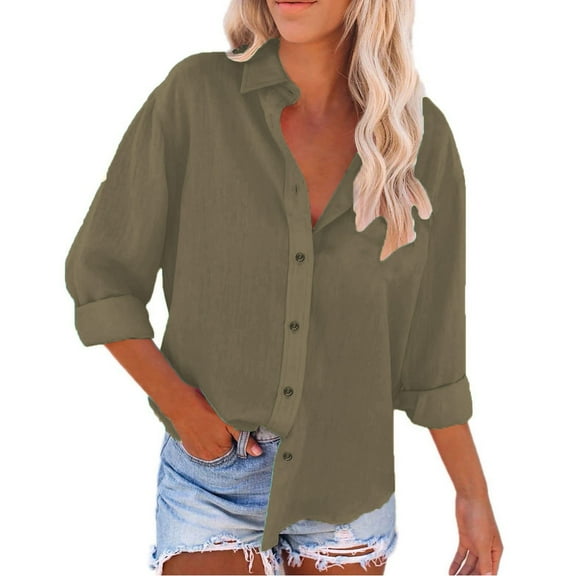 Tiqkatyck Women's Spring Summer Solid Color Shirt Long Sleeve Button Down Shirt Loose Fit Vacation Beach Workwear Tops Clothes Womens Linen Shirt Long Sleeve Shirts for Women Army Green XXL