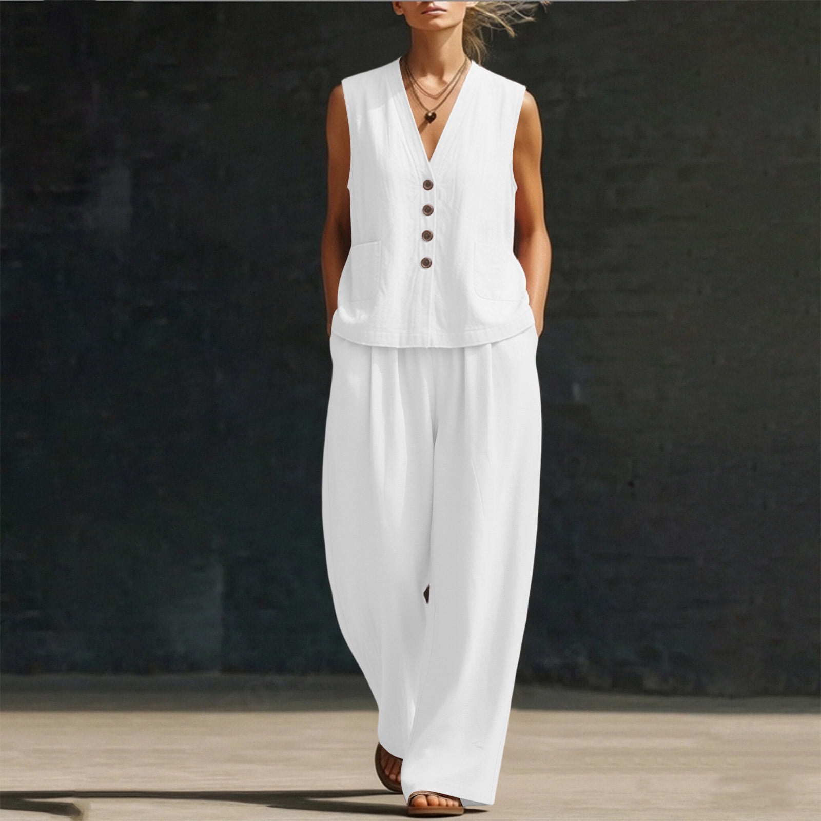 Women's Summer 2 Piece Lounge Set Dressy Sleeveless Button Down V Neck Top & Wide Leg Pants Office Travel Outfits