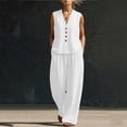thumbnail image 5 of Floleo Women Solid Two Piece Outfit V Neck Sleeveless Button Vest Top High Waist Faux Linen Wide Leg Pants Summer Matching Set, 5 of 6