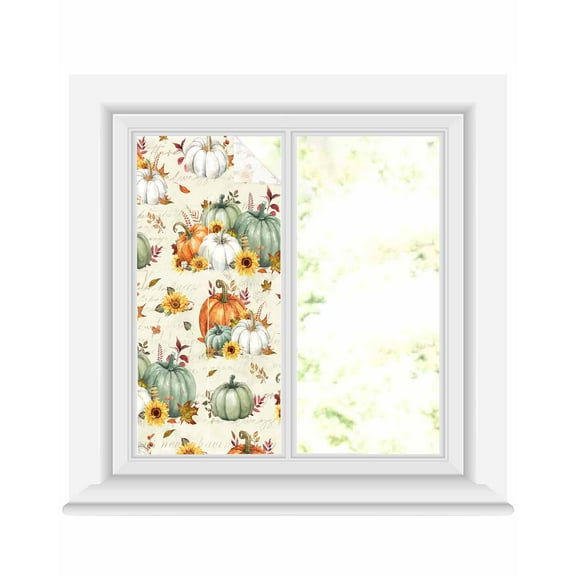 Window Privacy Film, Fall Thanksgiving UV Sun Blocking Window Tint Film Heat Control One Way Blackout Window Film, Sage Green Orange White Pumpkins Sunflower Non Adhesive Static Cling 17.7x39.3 In