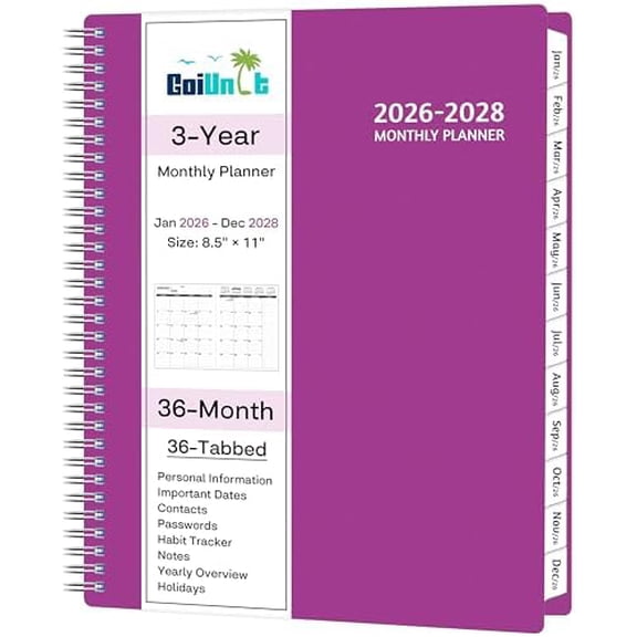 Monthly Planner 2026-2028, 36 Months Calendar Planner 2026-2028 from Jan 2026 – Dec 2028, 8.5'' x 11'' with Ruled Spread, Flexible Cover, Spiral Wirebound, Pocket, Coated Tabs, Notes ＆ Habit Tracker