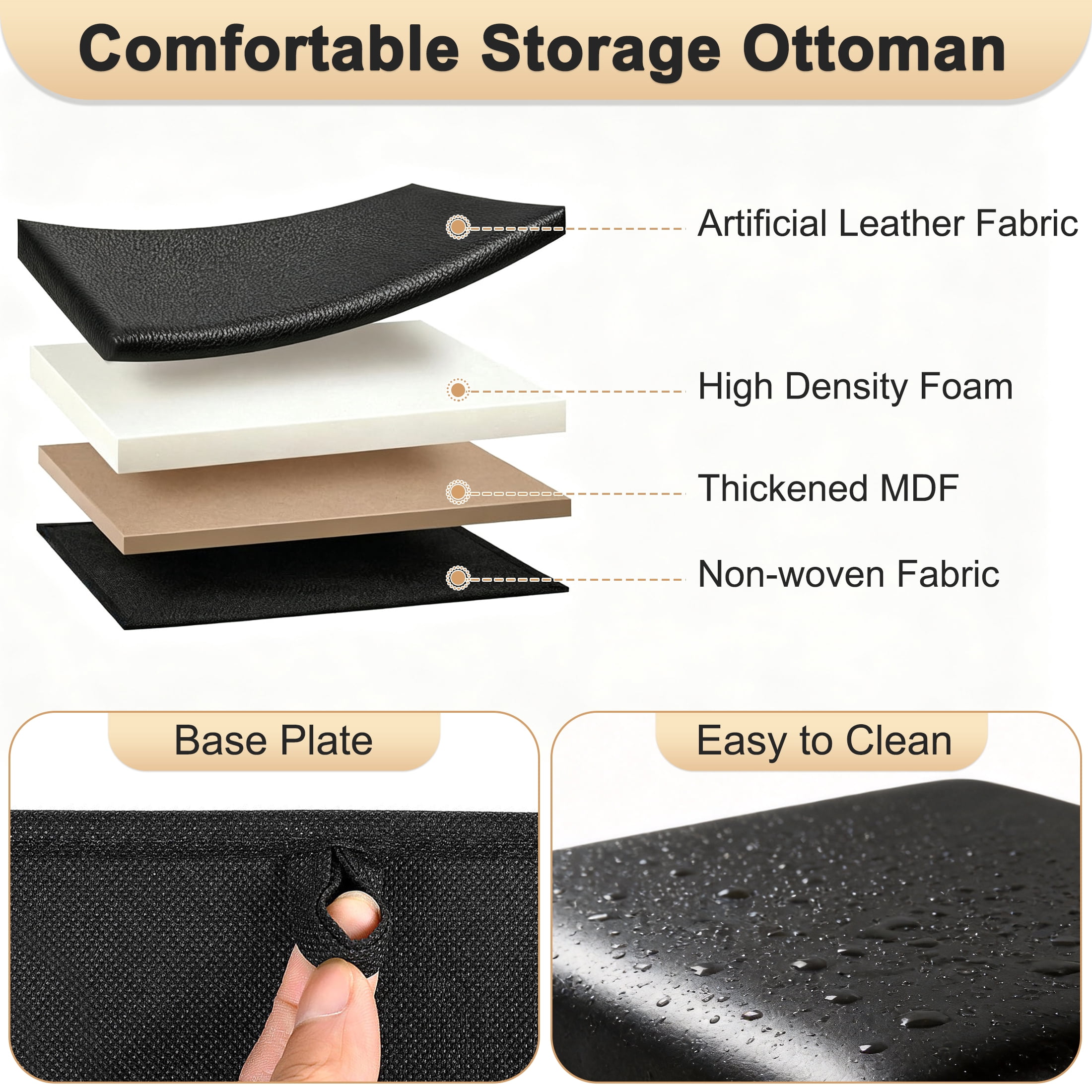 Small Folding Storage Ottoman Bench, Square Leather Footstool Bench with Storage, Foot Rest Stool for Living Room, Bedroom, Dorm, Load up to 220 lb, 15x15x15in