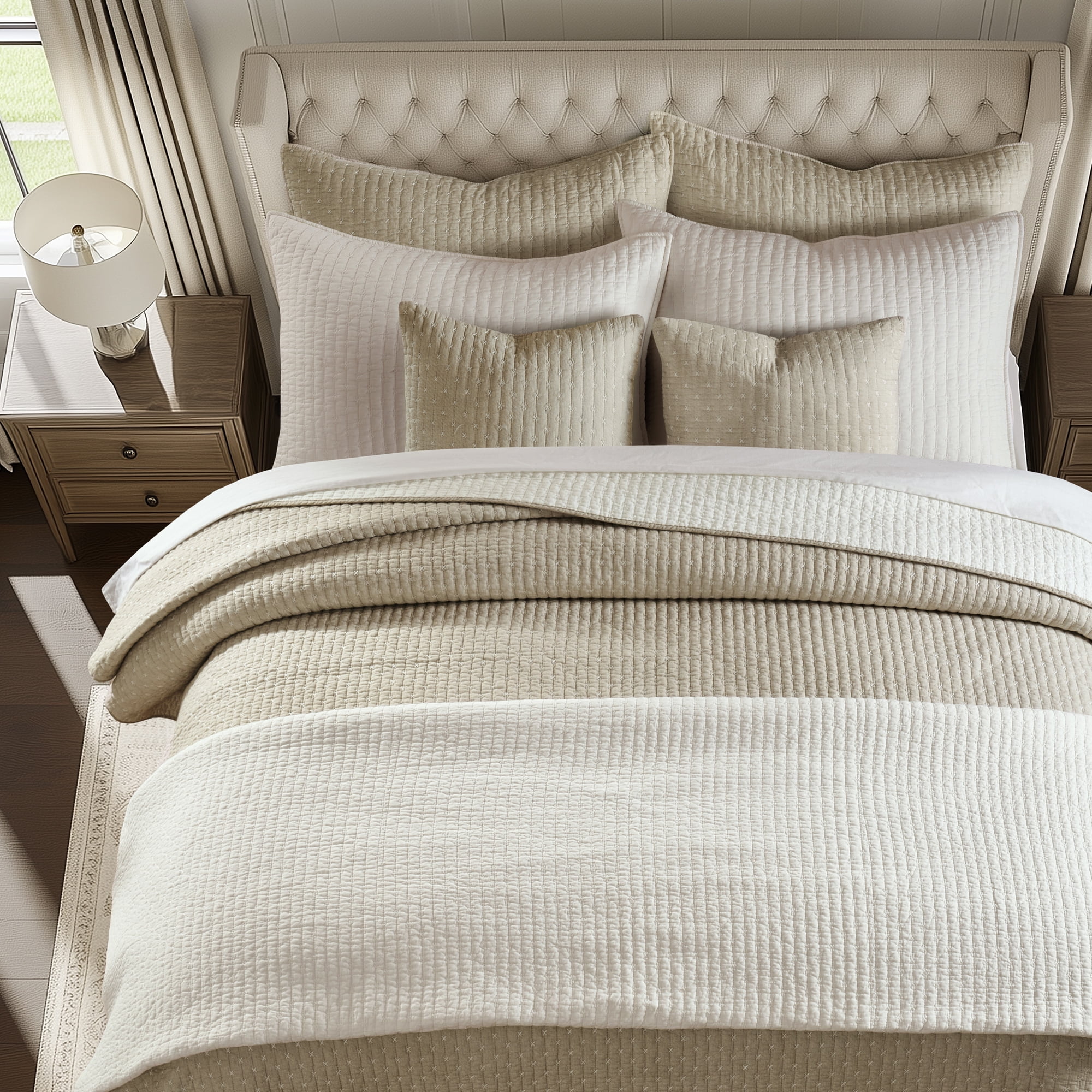 Levtex Home - Cross Stitch Quilt Set - 100% Cotton - King Quilt (106x92in.) + 2 King Shams (36x20in.) - Taupe