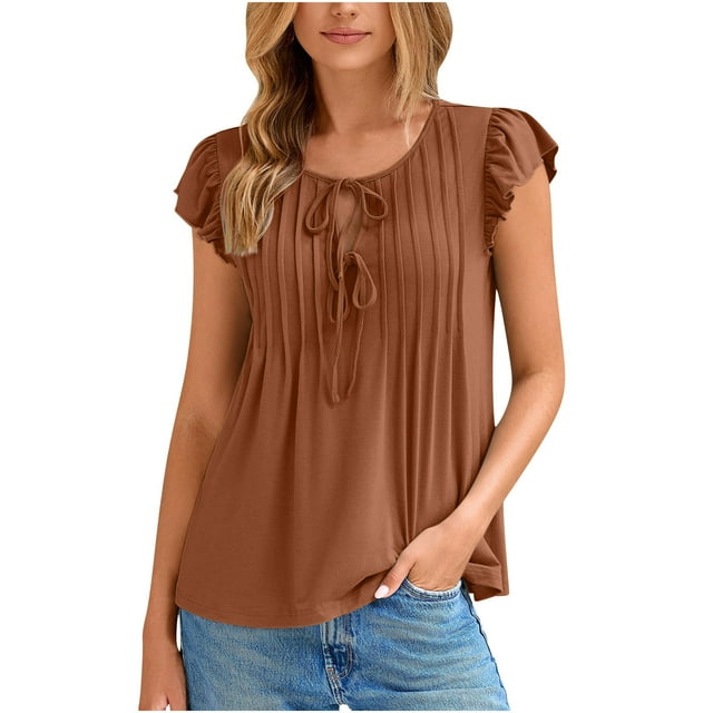 Coffee Casual Tops for Women Summer Fall Ruffle Cap Short Sleeve Boat Neck Loose Fit Cut Out Ruched Ripped Tie Knot Distressed Plain Tops Shirt Blouses Women 2025 L