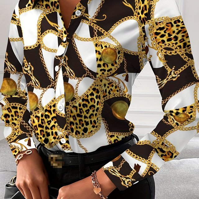Blusa de mujer con cuello en V y botones estampados, manga larga, blusa suelta de otoño