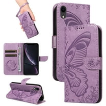 for iPhone XR Case Wallet for Women, Flip Folio Cover with Butterfly Pattern PU Leather Stand Card Holder Slots Wrist Strap Protective Phone Case for iPhone XR, Purple