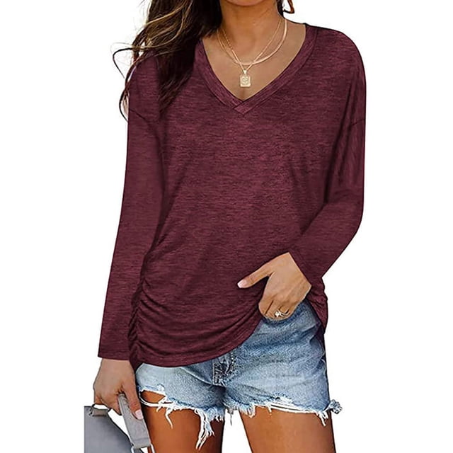 FcBaudy Hauts pour Femmes, Chemisiers et Chemises à Manches Longues à Col en V, Chemises pour Femmes Hauts d'Hiver Aguichant à Col en V à Manches Longues Unis Blouse Régulière pour Femme Blouse pour Femme