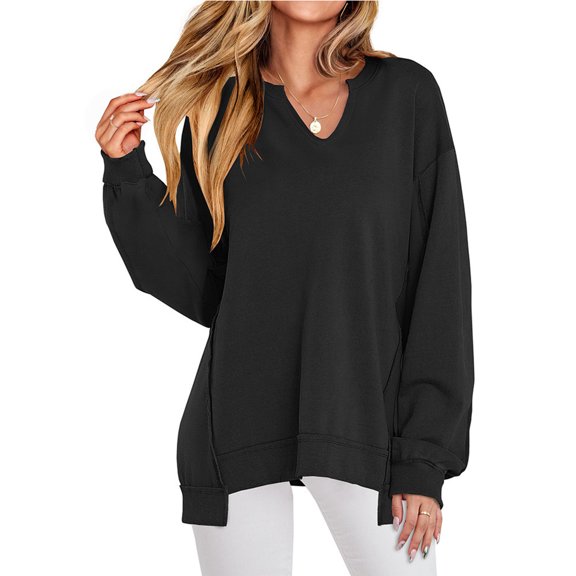 WTOBBY Women's Loose and Comfortable Solid Color V-Neck Loose Sportswear Sweatshirt, Relaxed Fit for Athletic and Casual Wear, Soft Fabric for Everyday Comfort,Black L