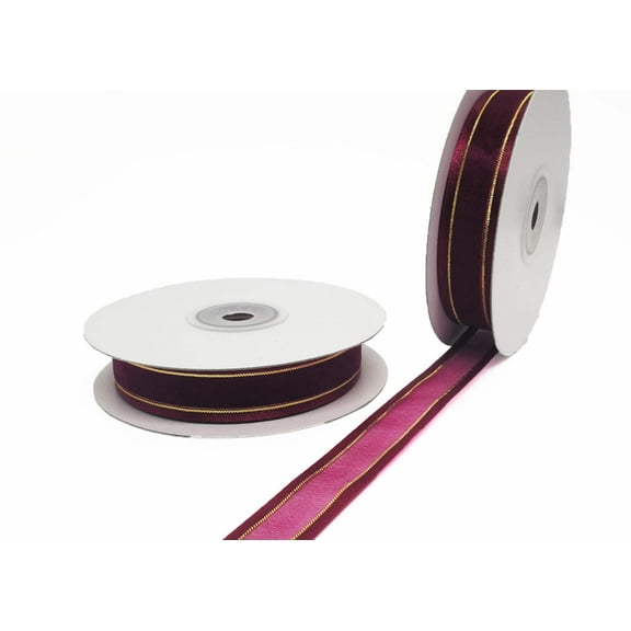 5/8" Satin Edge Organza Ribbon with Gold Line Burgundy 25 Yards