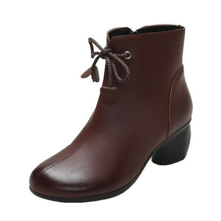 

Women s Short Round Toe Booties Solid Color Retro Lace Up Chunky And Suqare Heels Boots