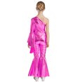 thumbnail image 2 of DPOIS Girl's One Shoulder Metallic Shiny Bell-Bottom Dance Jumpsuit Hot Pink 16, 2 of 7
