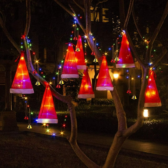 8Pcs Hangings Lighted Glowing Santa Hats with 14Pcs Small Decor Bells 33ft Christmas Lights String with 8 Lighting Modes for Outdoor,Indoor,Yard,Christmas Xmas Tree Decorative Ornaments
