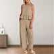 thumbnail image 2 of Conjunto de pantalones largos para mujer Conjunto de pantalones de 2 piezas de algodón con cuello redondo Conjunto de diario plisado, 2 of 9