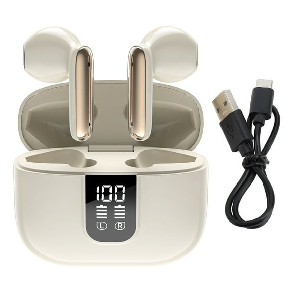 Auriculares Bluetooth con reducción de ruido, resistentes al agua, con pantalla digital, inalámbricos, con estuche de carga para correr, color beige