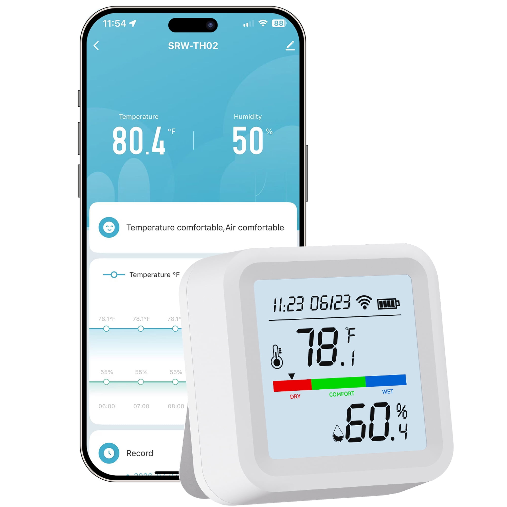 WiFi Thermometer Indoor Smart Temperature Monitor with App Hygrometer WiFi Remote Monitoring LCD Display Push Notifications Alexa & Google Wireless Temp & Humidity Sensor