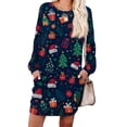 thumbnail image 3 of Women's Casual Dress Long Sleeve Round Neck Snowflake Print with Pocket Winter Theme Loose Fit Midi Dress for Spring Fall,Cyan,XL, 3 of 6