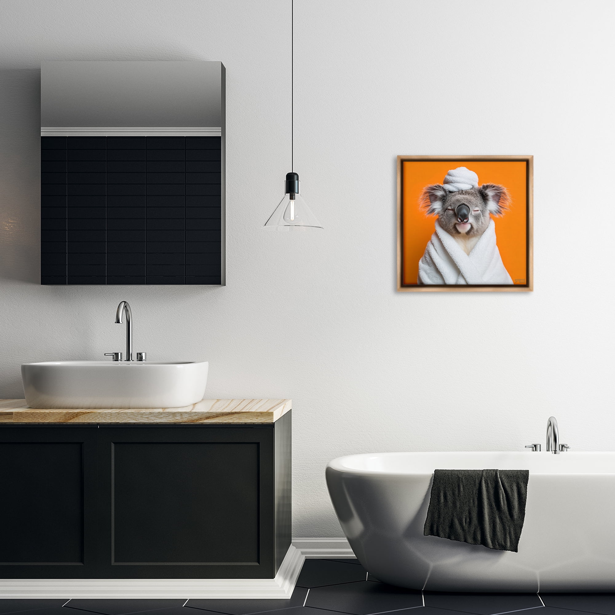 Stupell Industries Relaxed Bathtime Koala Bath & Laundry Painting Brown Floater Framed Canvas Art Print Wall Art, 18 x 18
