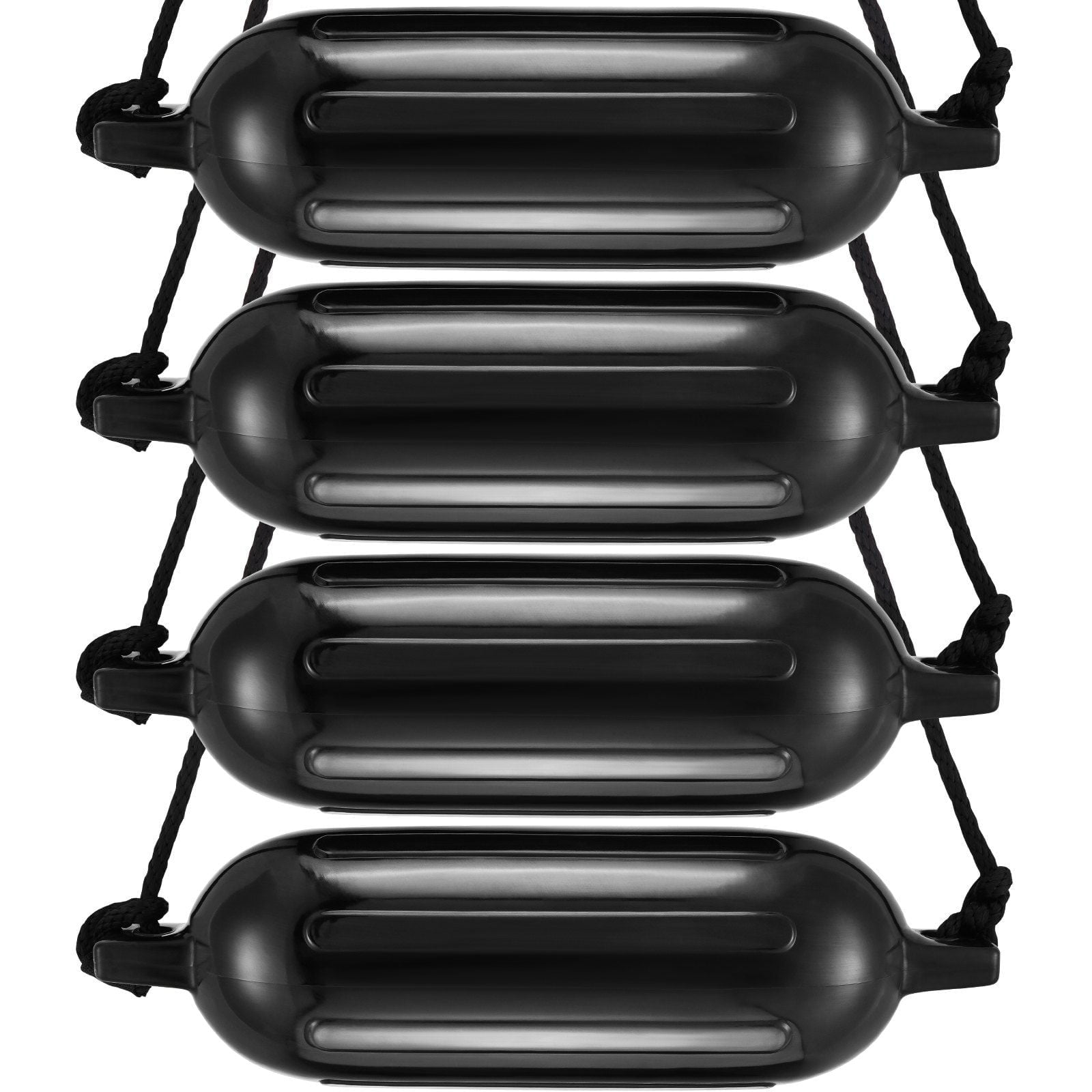 5.5x20 Inch Inflatable Boat Fenders (2-Pack) - Heavy Duty Ribbed Dock Bumpers with Ropes & Air Pump, Storage Bag - Marine Safety for Docking, Pontoon, Yacht (Black)