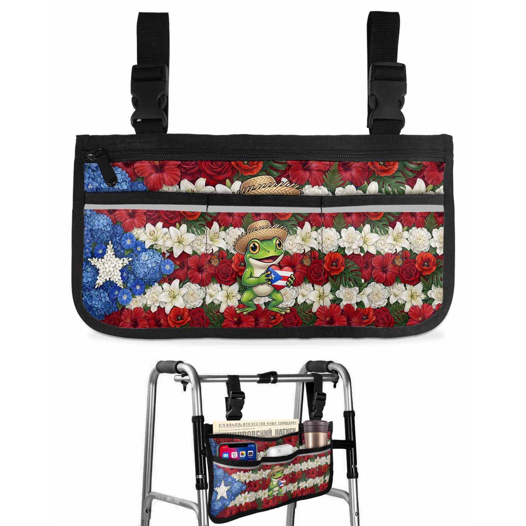 Puerto Rican Wheelchair Side Bag with Cup Holder, Flag Themed Watercolor Flowers Cartoon Frog Heart Wheelchair Armrest Bag Storage Pouch Adults, Seniors for Walkers, Rollator, Scooter